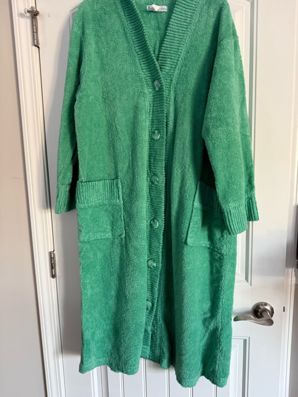 Bath & Robes Emerald Green Long Button-Front cotton chenille  bath robe. Pool L